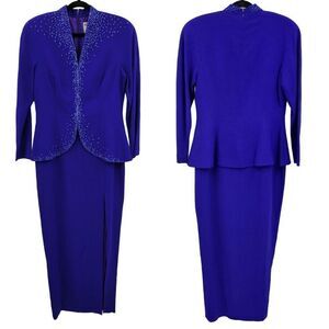 Vintage 80's‎ Daymor Couture Gown 6 Blue Peplum Beaded Front Slit Modest Sexy